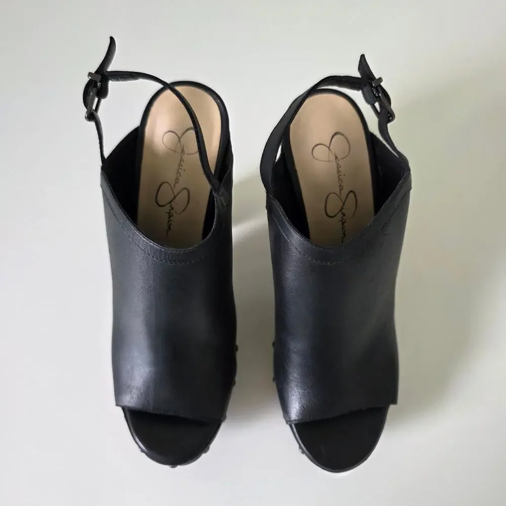 Jessica Simpson Black Leather Platform Heels Peep Toe Clog Sandals Women 7.5M